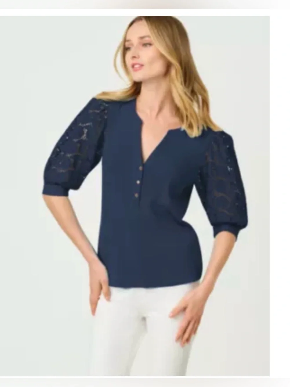 Lilly Pulitzer Ronson Eyelet low tide Navy Puff-Sleeves Top NWT